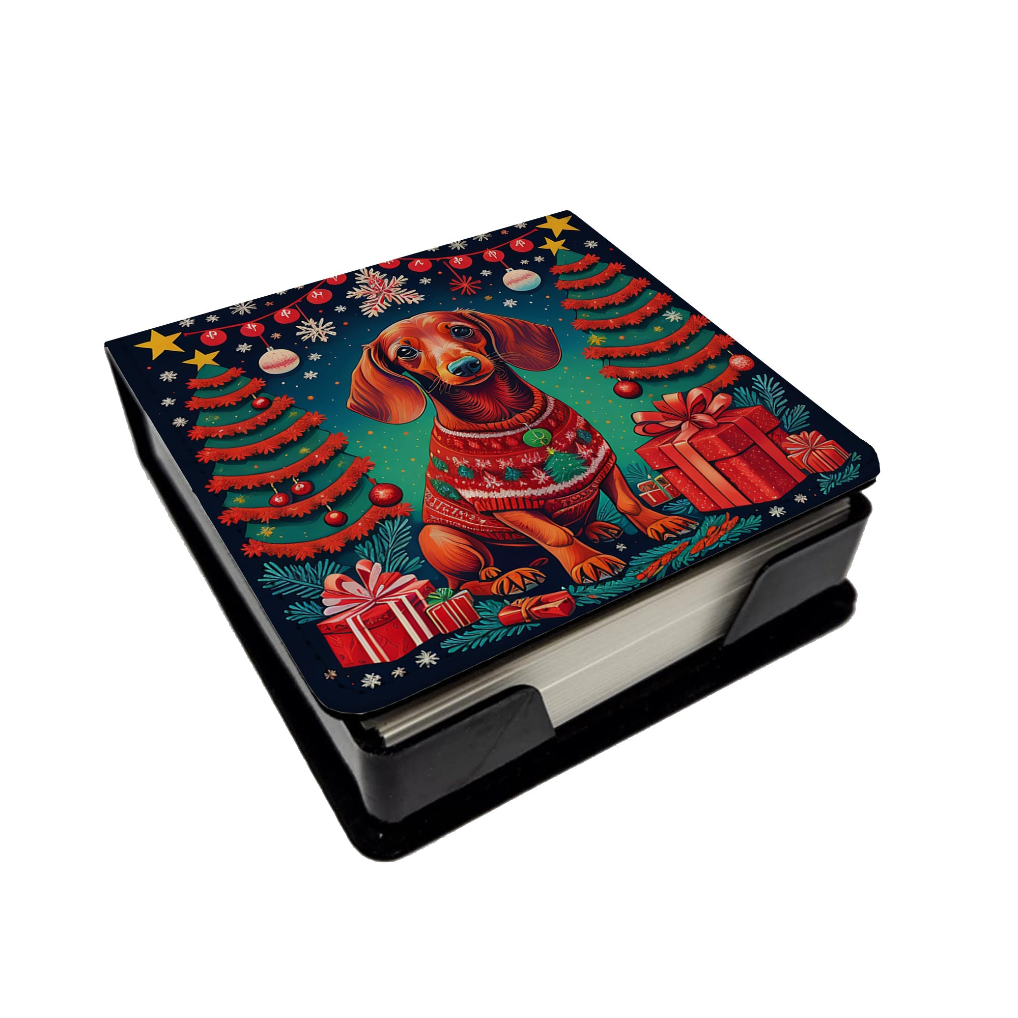 Dachshund Christmas PU Leather Note Paper Holder with Artist-Designed Cover, Desk Accessory, Office Gift