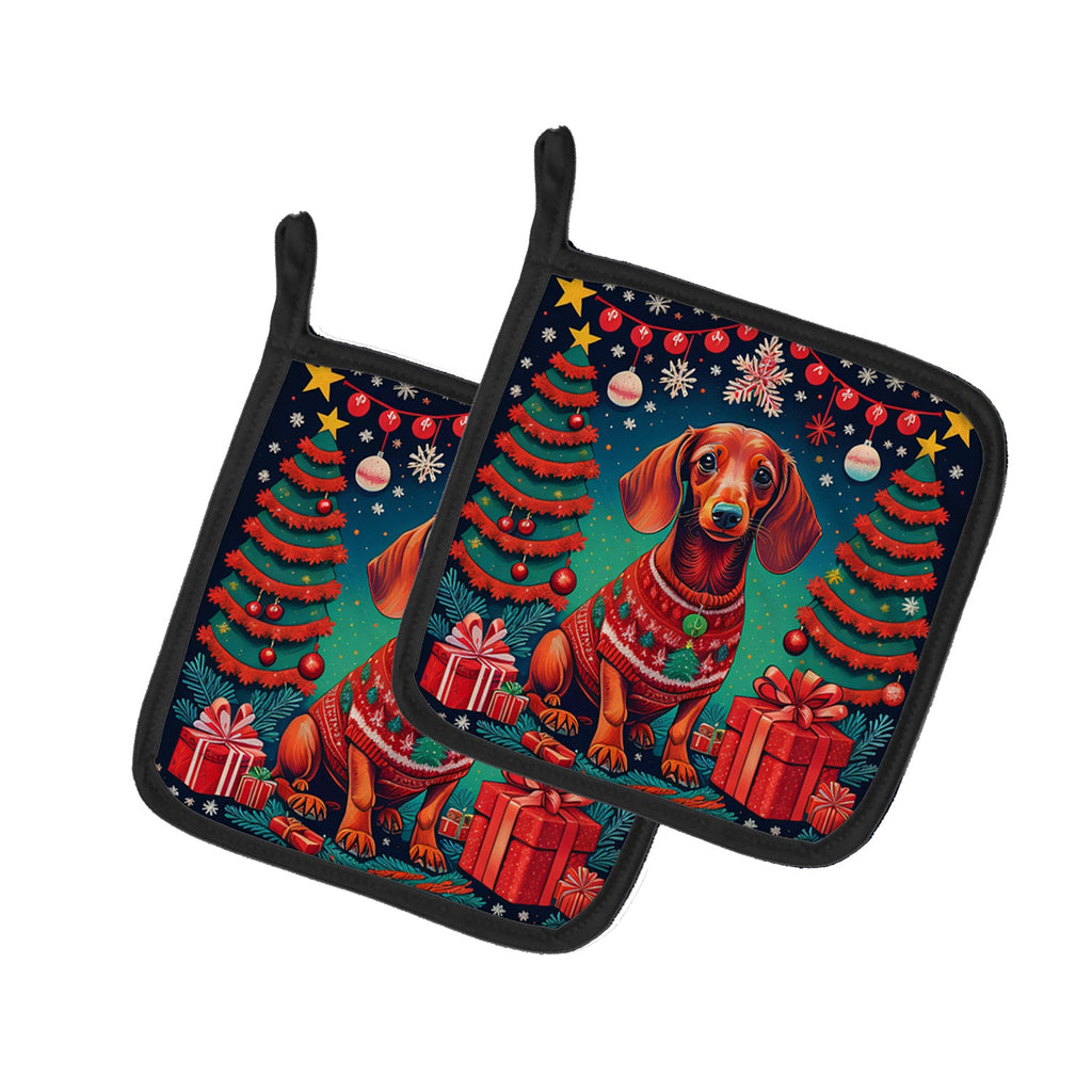 Dachshund Christmas Pot Holder Set of 2 Heat Resistant Quilted Hot Pads 7.5 x 7.5 Inch, Insulated Kitchen Trivets for Cooking & Baking
