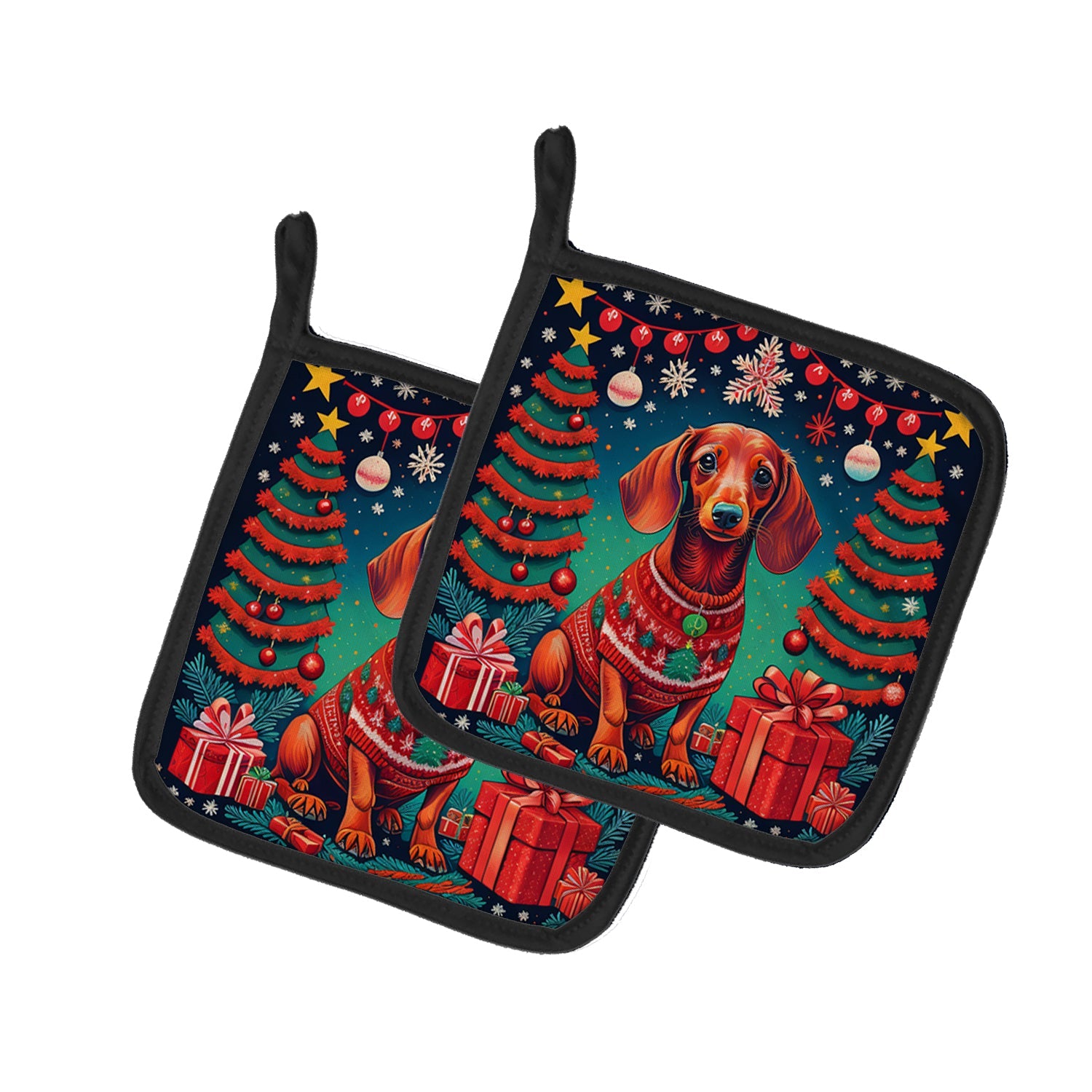 Dachshund Christmas Pot Holder Set of 2 Heat Resistant Quilted Hot Pads 7.5 x 7.5 Inch, Insulated Kitchen Trivets for Cooking & Baking