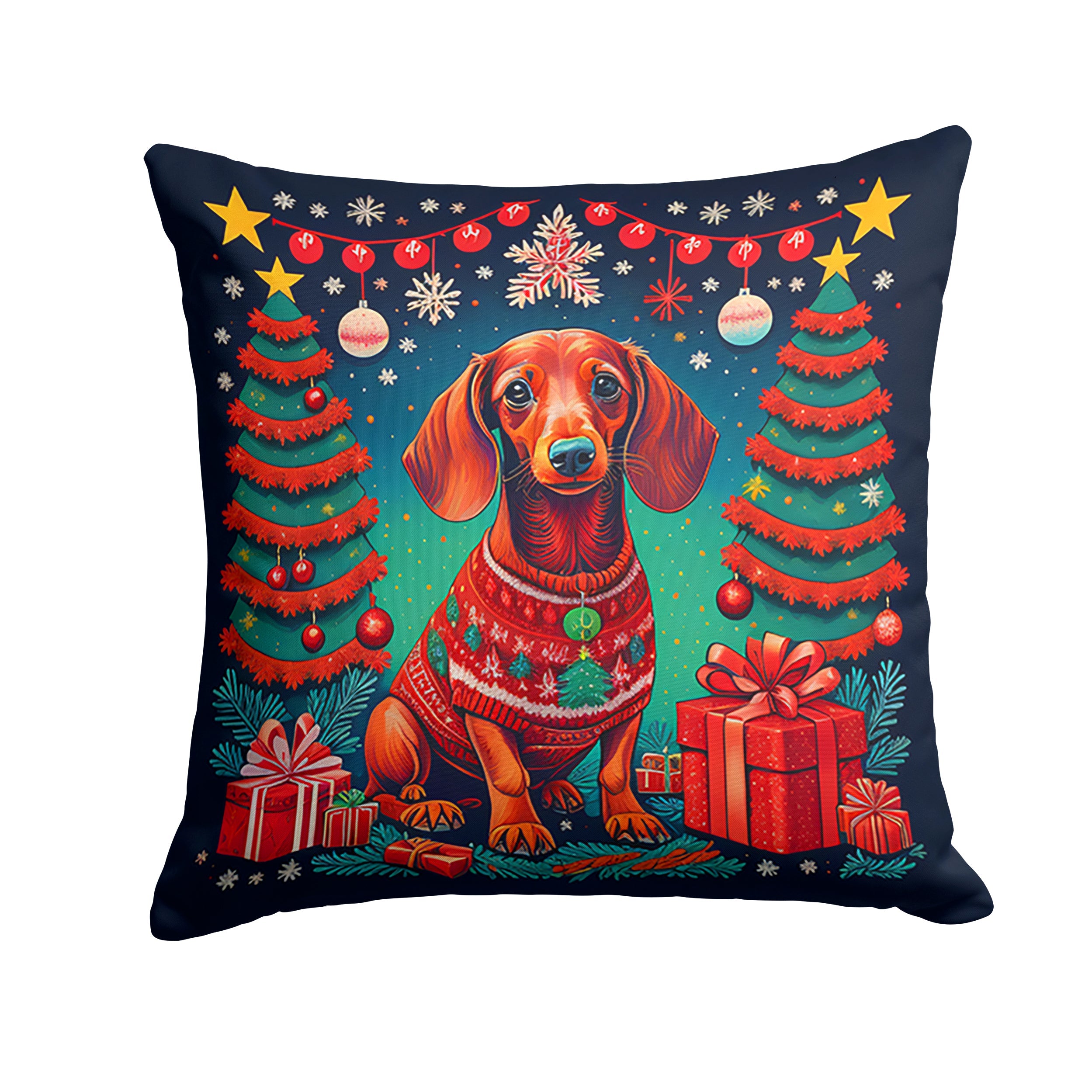 Dachshund Christmas Decorative Throw Pillow 14x14 Indoor Outdoor Accent Cushion, Fabric Cover with Insert for Sofa, Bed, Porch & Living Room