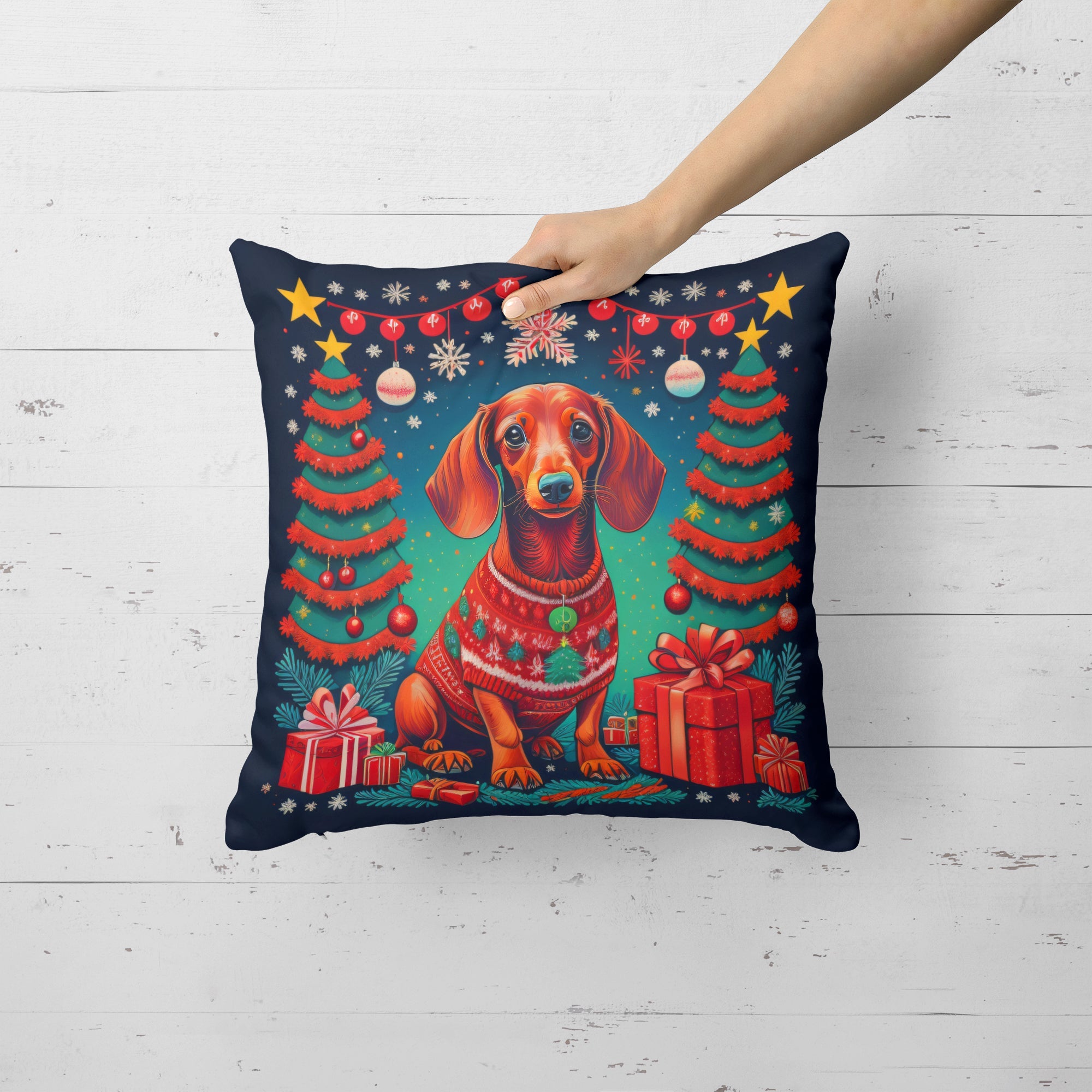 Dachshund Christmas Decorative Throw Pillow 14x14 Indoor Outdoor Accent Cushion, Fabric Cover with Insert for Sofa, Bed, Porch & Living Room