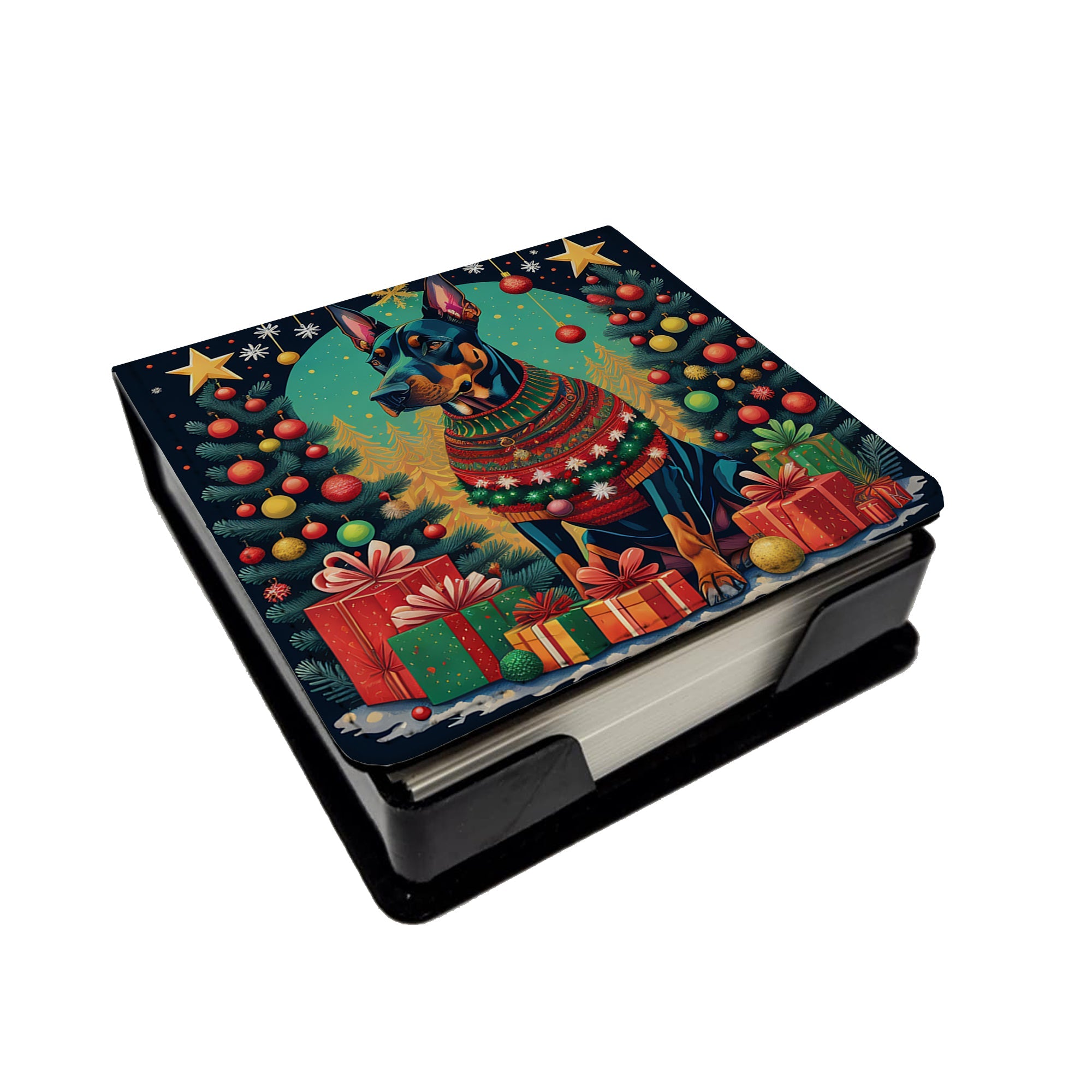 Doberman Pinscher Christmas PU Leather Note Paper Holder with Artist-Designed Cover, Desk Accessory, Office Gift