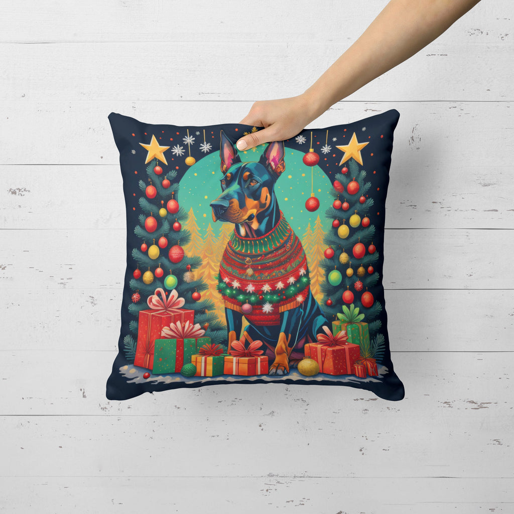 Doberman Pinscher Christmas Decorative Throw Pillow 14x14 Indoor Outdoor Accent Cushion, Fabric Cover with Insert for Sofa, Bed, Porch & Living Room