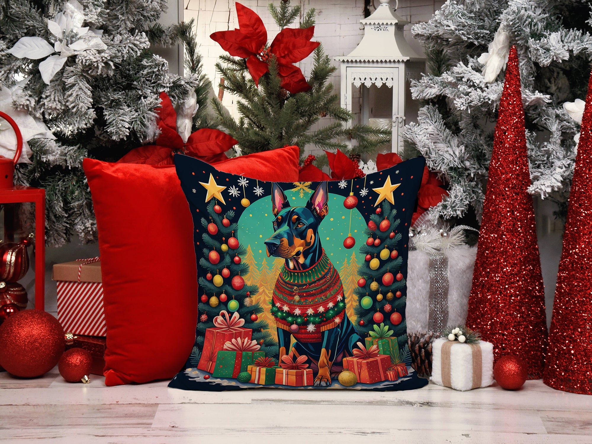 Doberman Pinscher Christmas Decorative Throw Pillow 14x14 Indoor Outdoor Accent Cushion, Fabric Cover with Insert for Sofa, Bed, Porch & Living Room