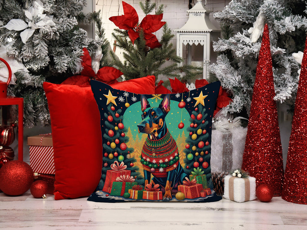 Doberman Pinscher Christmas Decorative Throw Pillow 18x18 Indoor Outdoor Accent Cushion, Fabric Cover with Insert for Sofa, Bed, Porch & Living Room