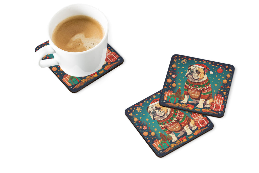 English Bulldog Christmas Foam Coasters Set of 4 Cup Coasters for Indoor Outdoor, Tabletop Protection, Anti Slip, Mouse pad Material
