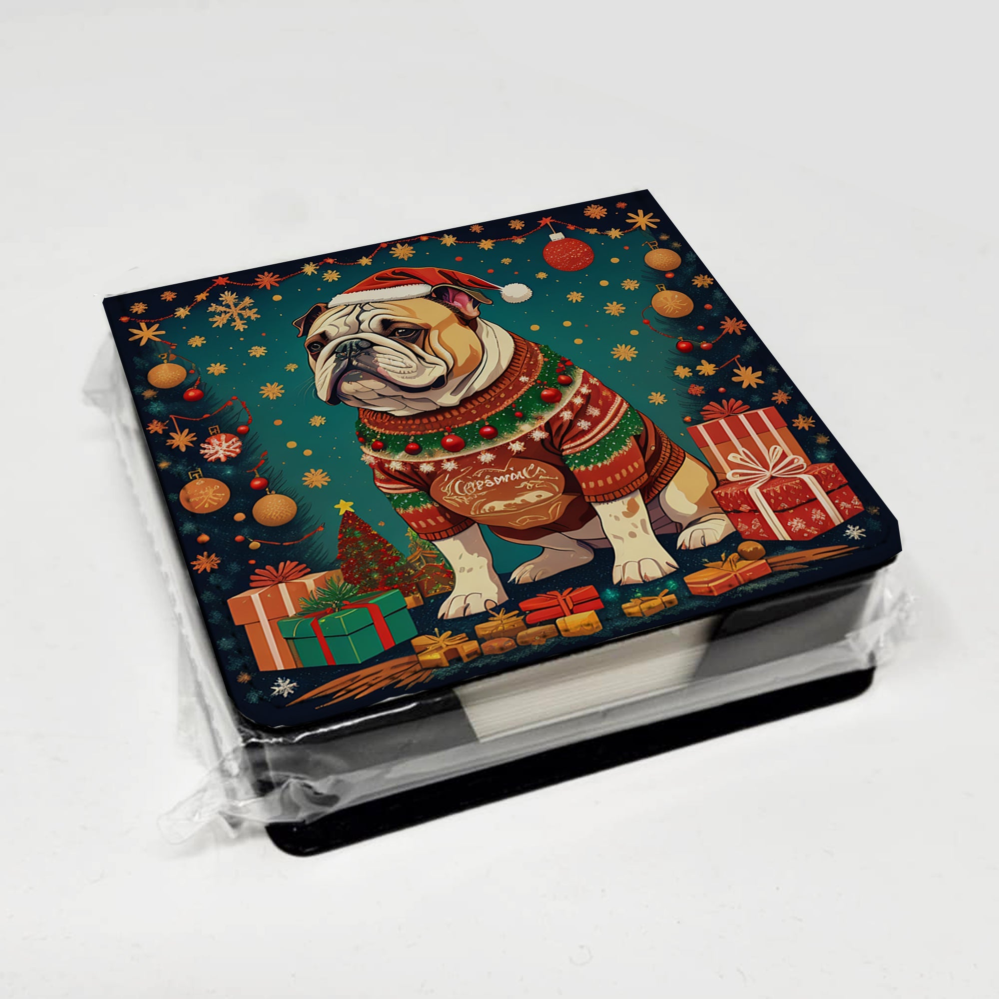 English Bulldog Christmas PU Leather Note Paper Holder with Artist-Designed Cover, Desk Accessory, Office Gift