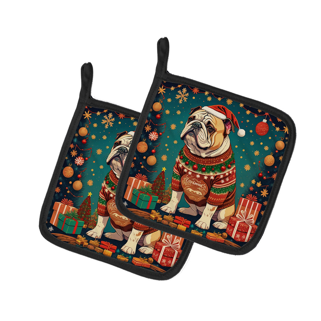 English Bulldog Christmas Pot Holder Set of 2 Heat Resistant Quilted Hot Pads 7.5 x 7.5 Inch, Insulated Kitchen Trivets for Cooking & Baking