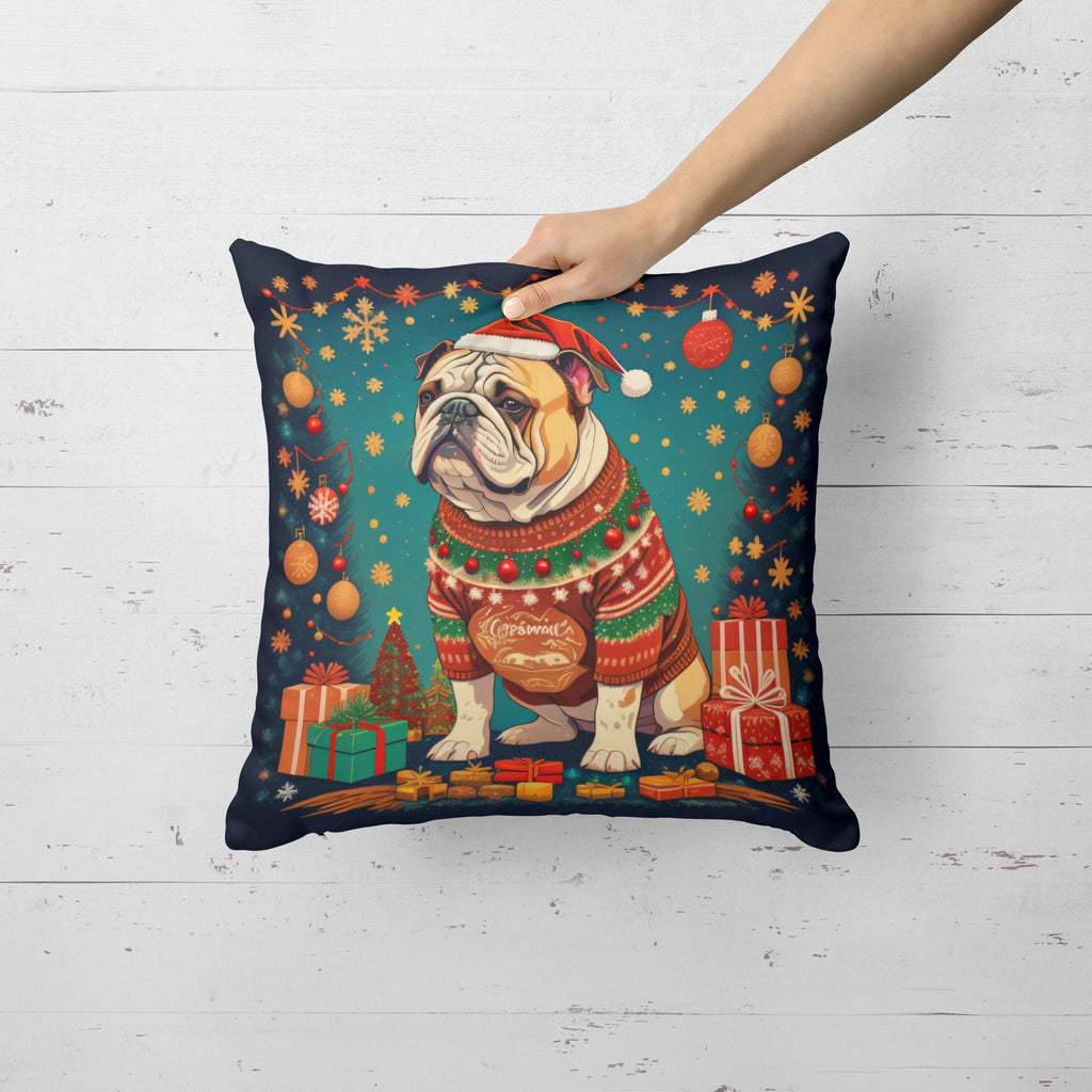 English Bulldog Christmas Decorative Throw Pillow 14x14 Indoor Outdoor Accent Cushion, Fabric Cover with Insert for Sofa, Bed, Porch & Living Room