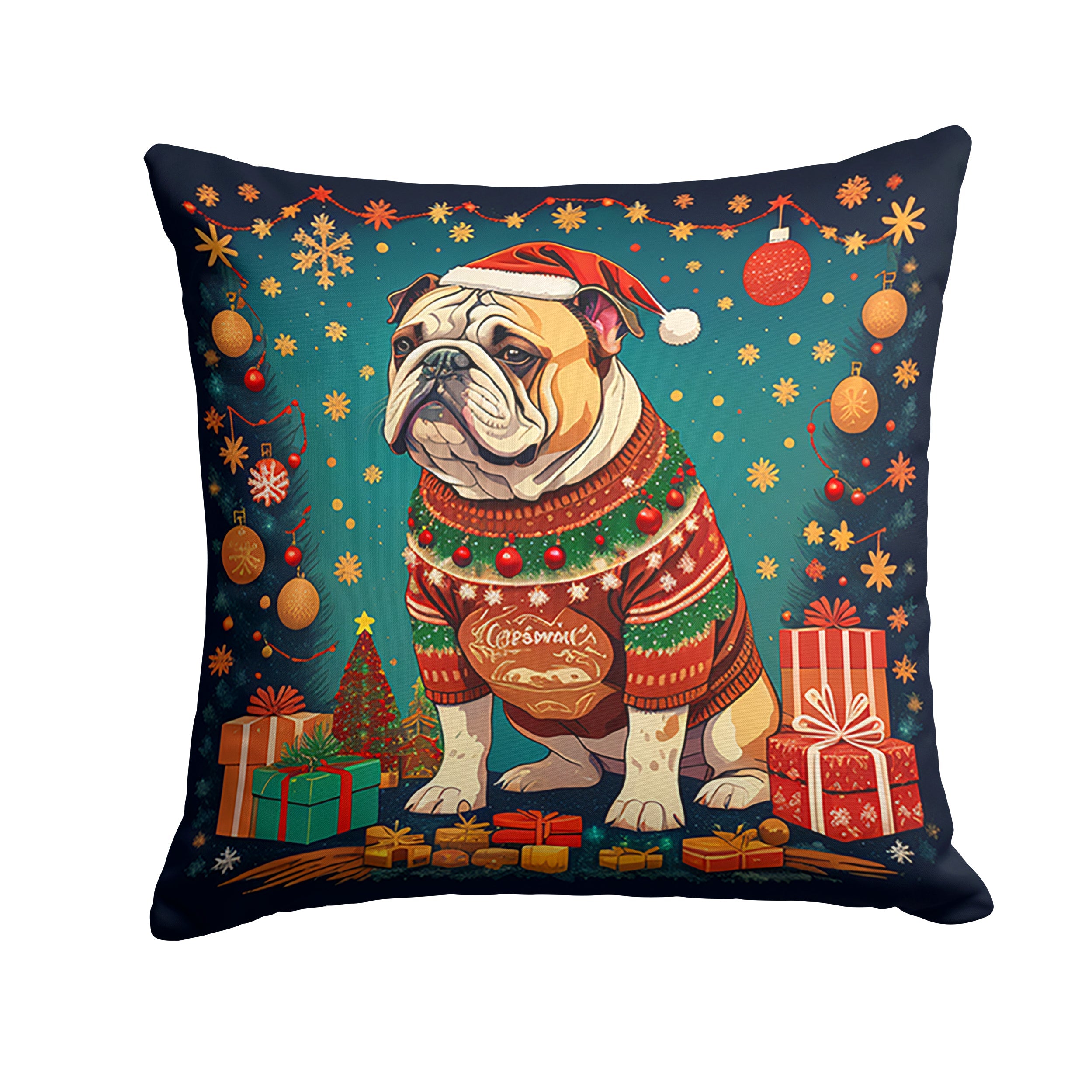 English Bulldog Christmas Decorative Throw Pillow 18x18 Indoor Outdoor Accent Cushion, Fabric Cover with Insert for Sofa, Bed, Porch & Living Room