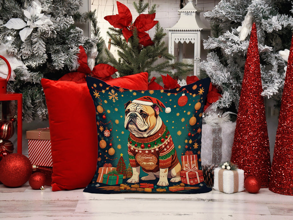 English Bulldog Christmas Decorative Throw Pillow 18x18 Indoor Outdoor Accent Cushion, Fabric Cover with Insert for Sofa, Bed, Porch & Living Room