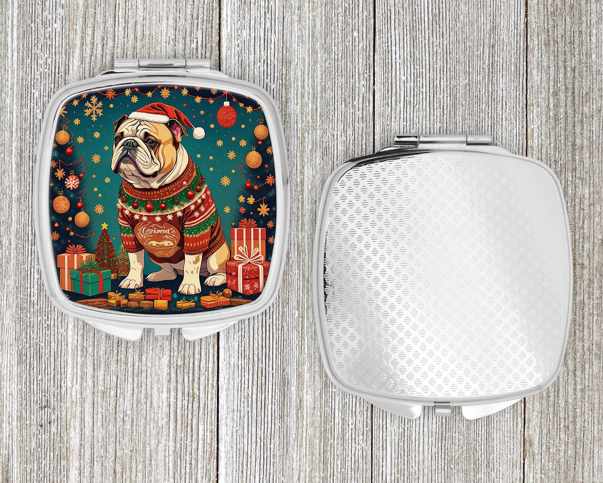 English Bulldog Christmas Compact Mirror Decorative Travel Makeup Mirror for Women Girls Gifts Pocket Makeup Mirror Folding Handheld