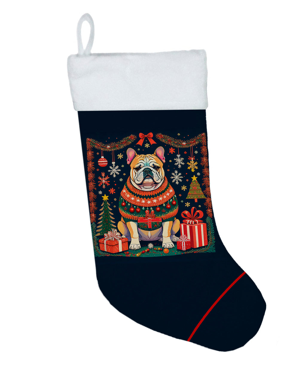 English Bulldog Christmas Holiday Stocking Double-Sided Print, Polyester Suede,11x18, Made in USA