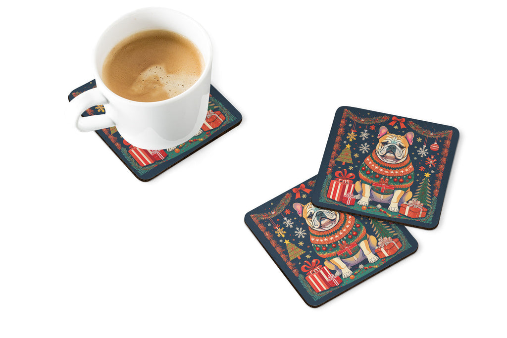 English Bulldog Christmas Foam Coasters Set of 4 Cup Coasters for Indoor Outdoor, Tabletop Protection, Anti Slip, Mouse pad Material