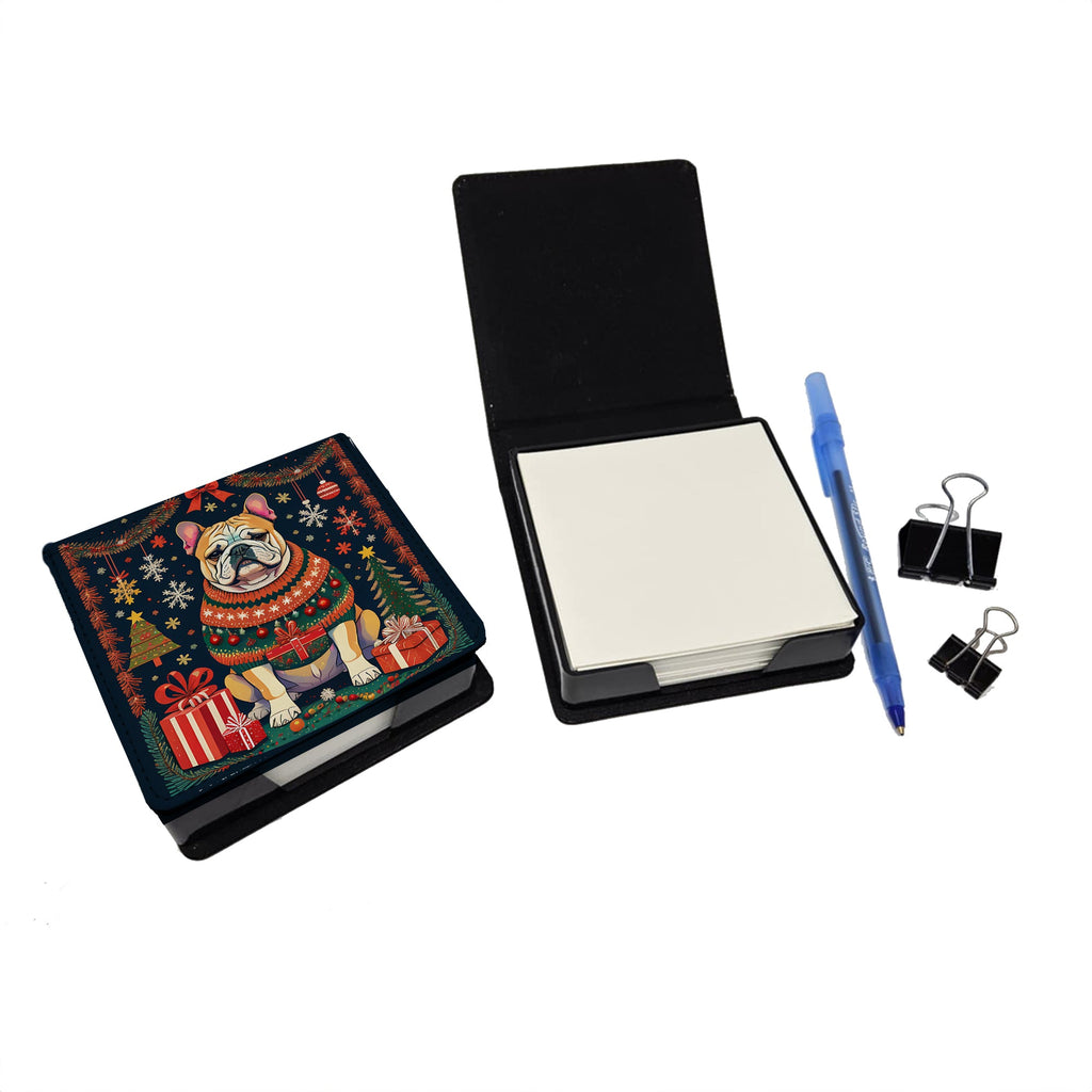 English Bulldog Christmas PU Leather Note Paper Holder with Artist-Designed Cover, Desk Accessory, Office Gift