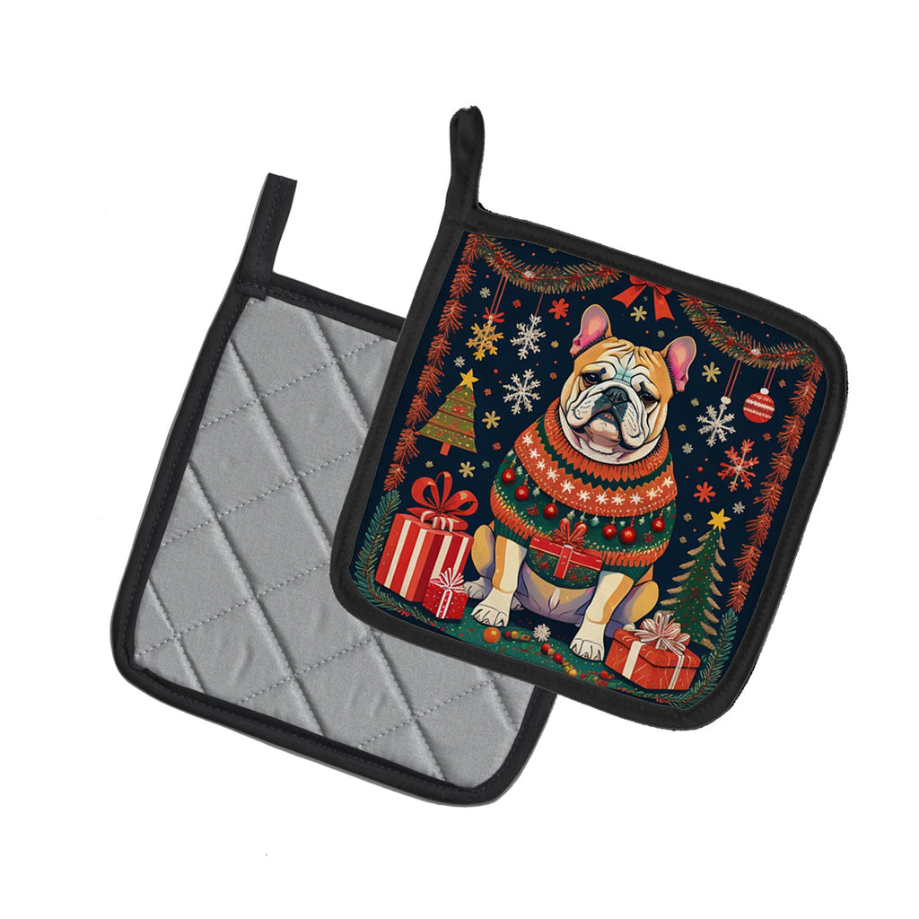 English Bulldog Christmas Pot Holder Set of 2 Heat Resistant Quilted Hot Pads 7.5 x 7.5 Inch, Insulated Kitchen Trivets for Cooking & Baking
