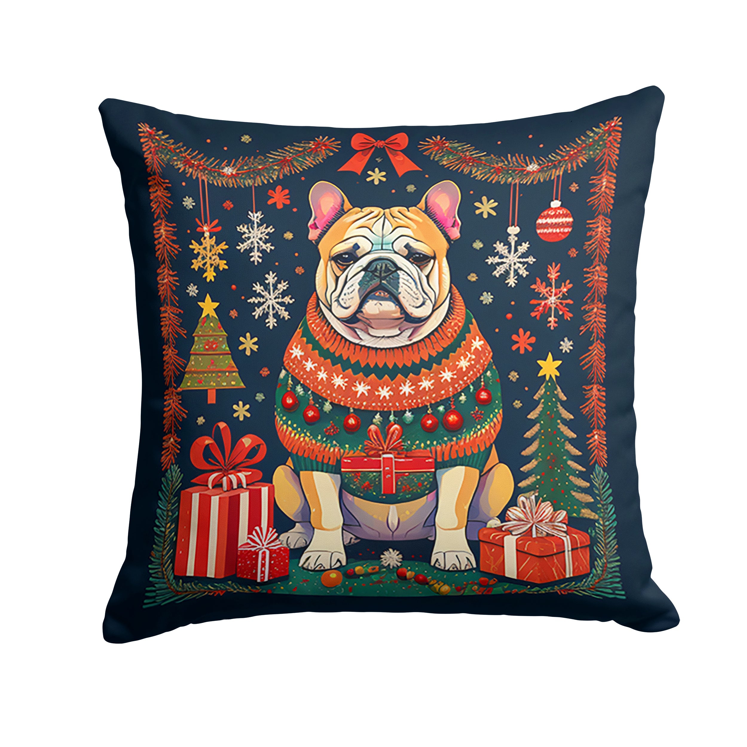 English Bulldog Christmas Decorative Throw Pillow 14x14 Indoor Outdoor Accent Cushion, Fabric Cover with Insert for Sofa, Bed, Porch & Living Room