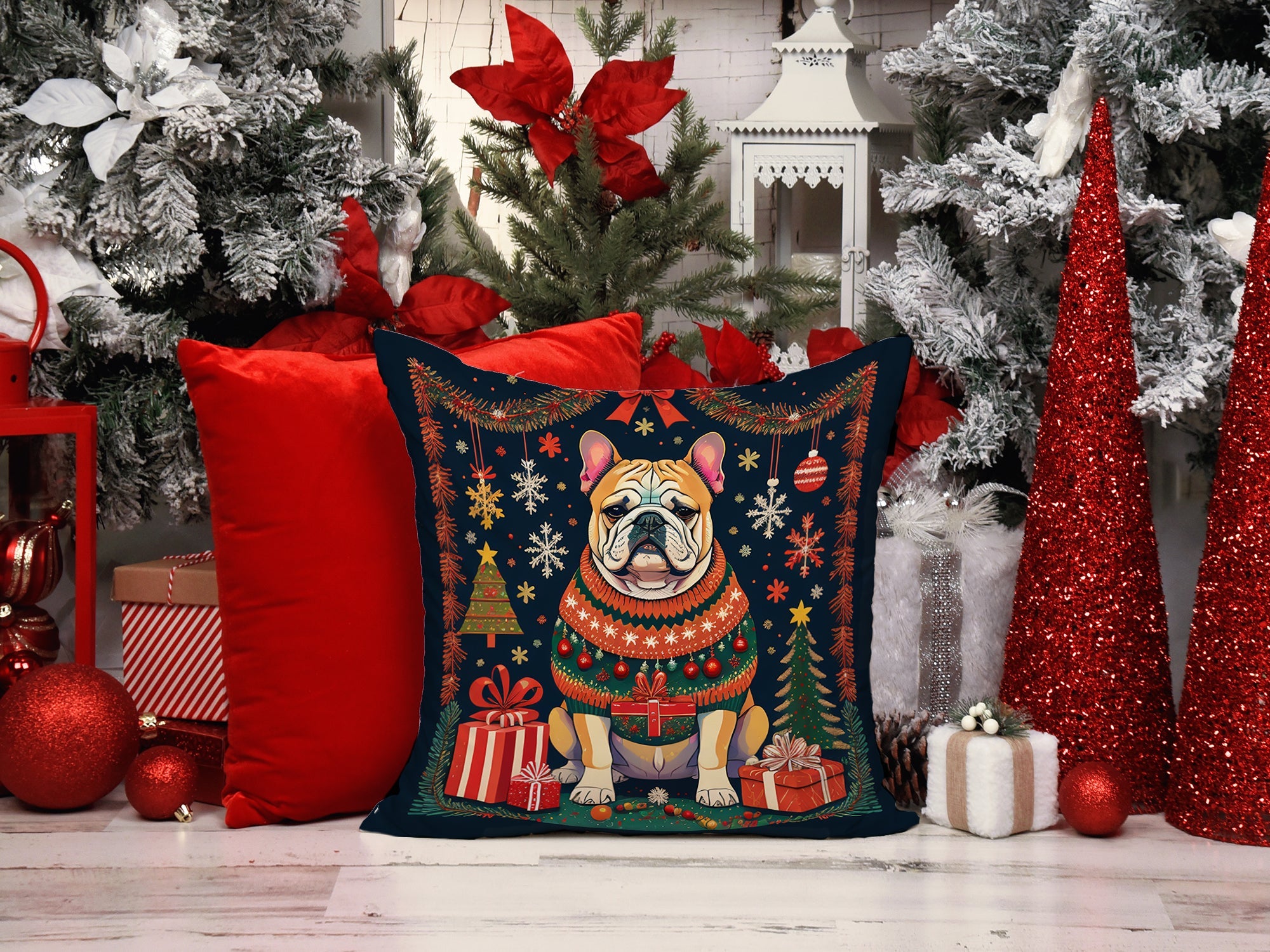English Bulldog Christmas Decorative Throw Pillow 18x18 Indoor Outdoor Accent Cushion, Fabric Cover with Insert for Sofa, Bed, Porch & Living Room