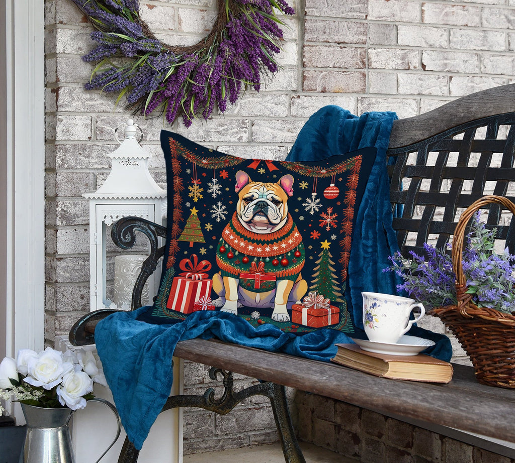 English Bulldog Christmas Decorative Throw Pillow 18x18 Indoor Outdoor Accent Cushion, Fabric Cover with Insert for Sofa, Bed, Porch & Living Room