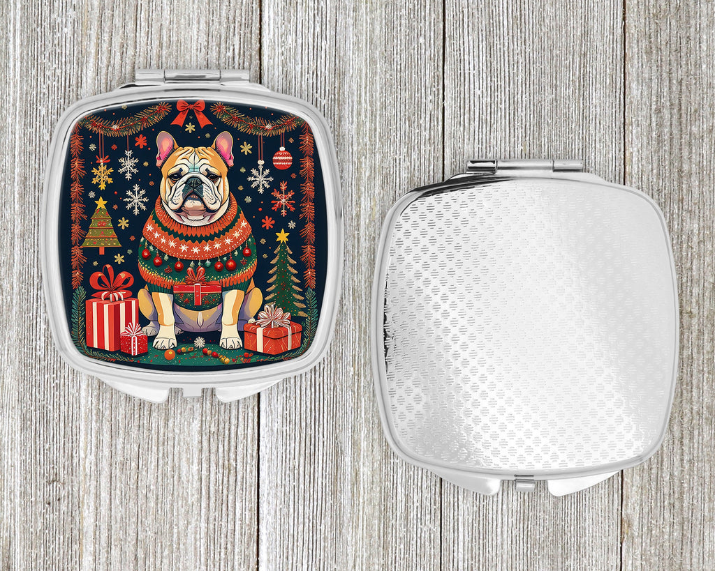 English Bulldog Christmas Compact Mirror Decorative Travel Makeup Mirror for Women Girls Gifts Pocket Makeup Mirror Folding Handheld