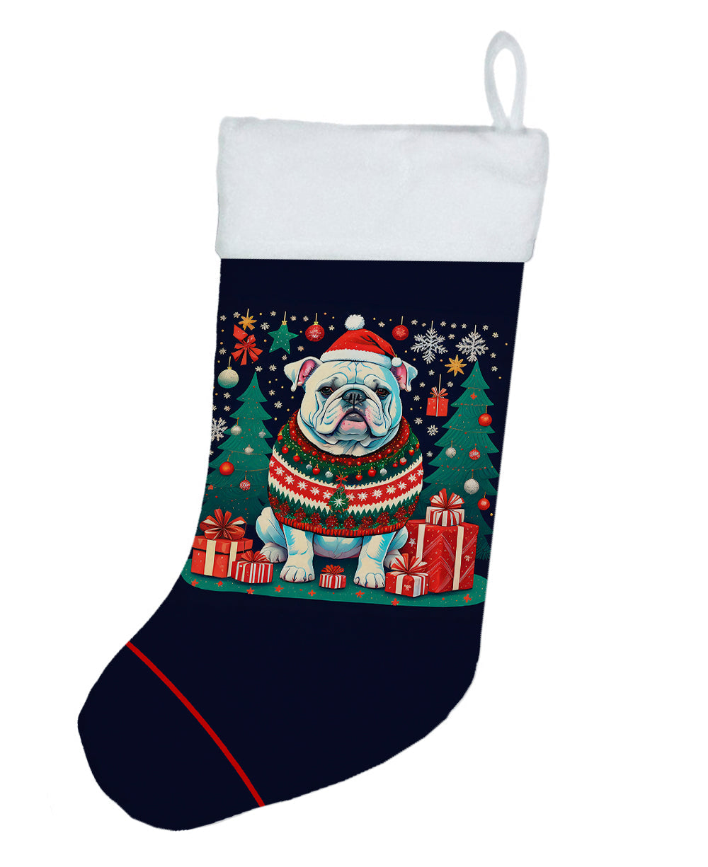 White English Bulldog Christmas Holiday Stocking Double-Sided Print, Polyester Suede,11x18, Made in USA