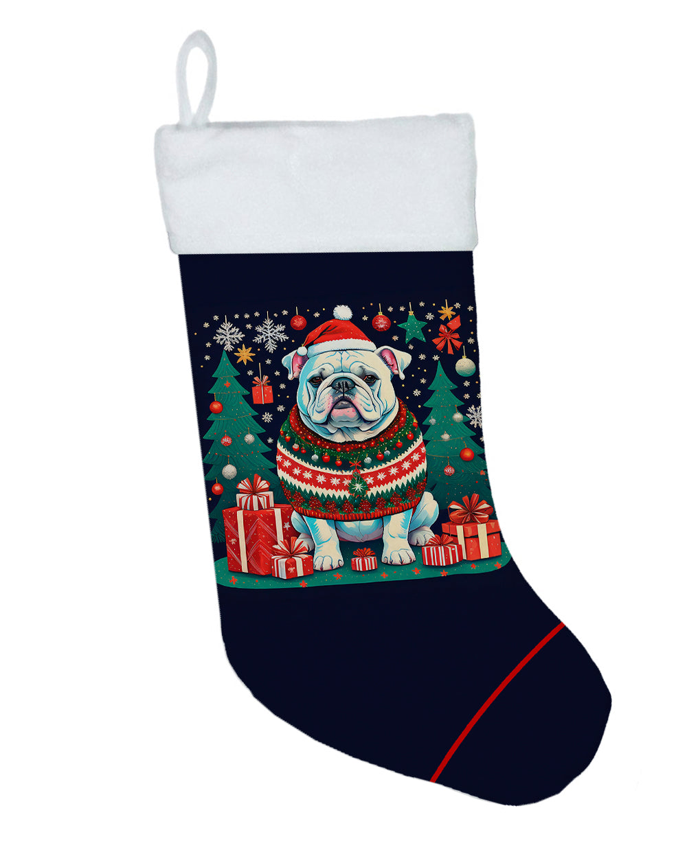 White English Bulldog Christmas Holiday Stocking Double-Sided Print, Polyester Suede,11x18, Made in USA