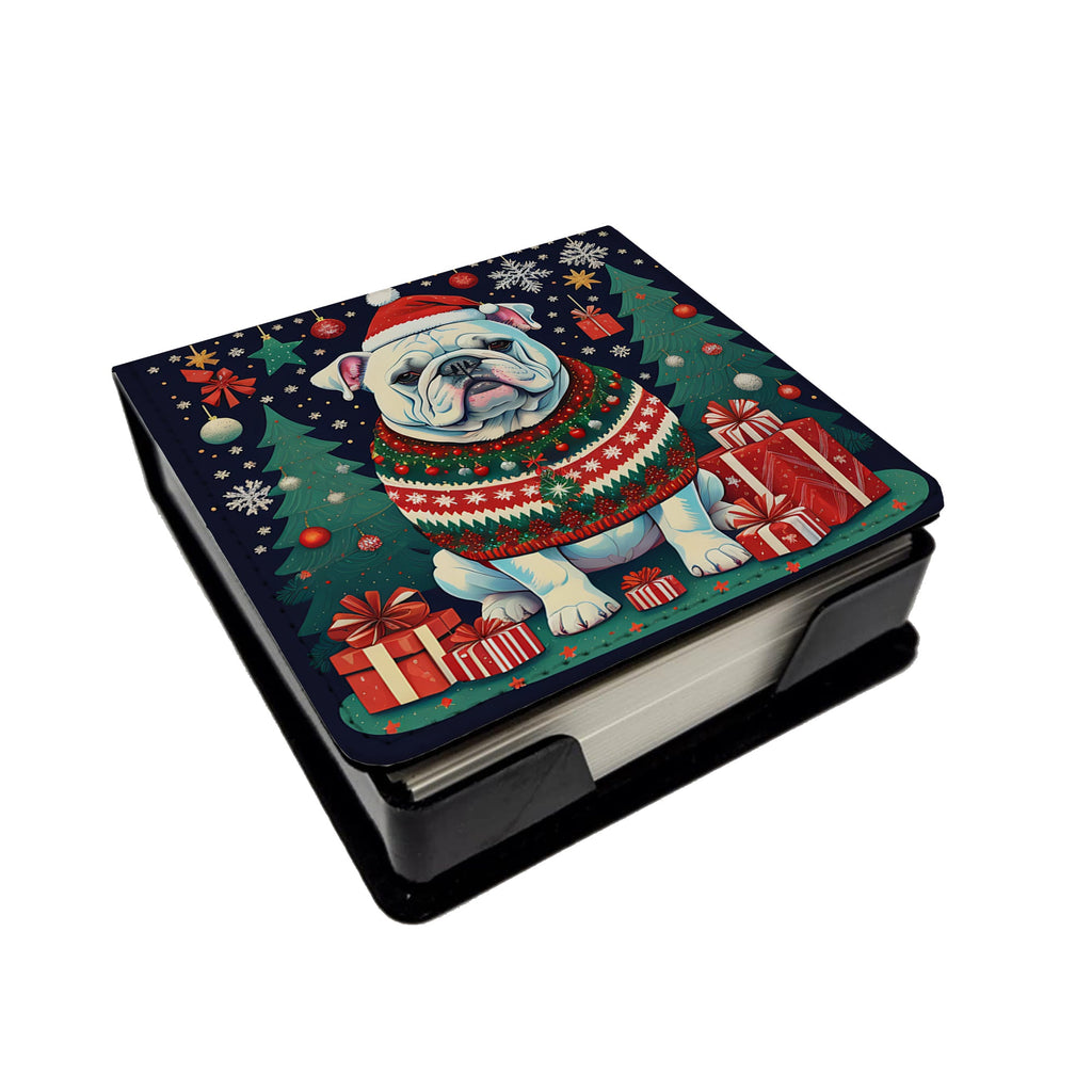 White English Bulldog Christmas PU Leather Note Paper Holder with Artist-Designed Cover, Desk Accessory, Office Gift