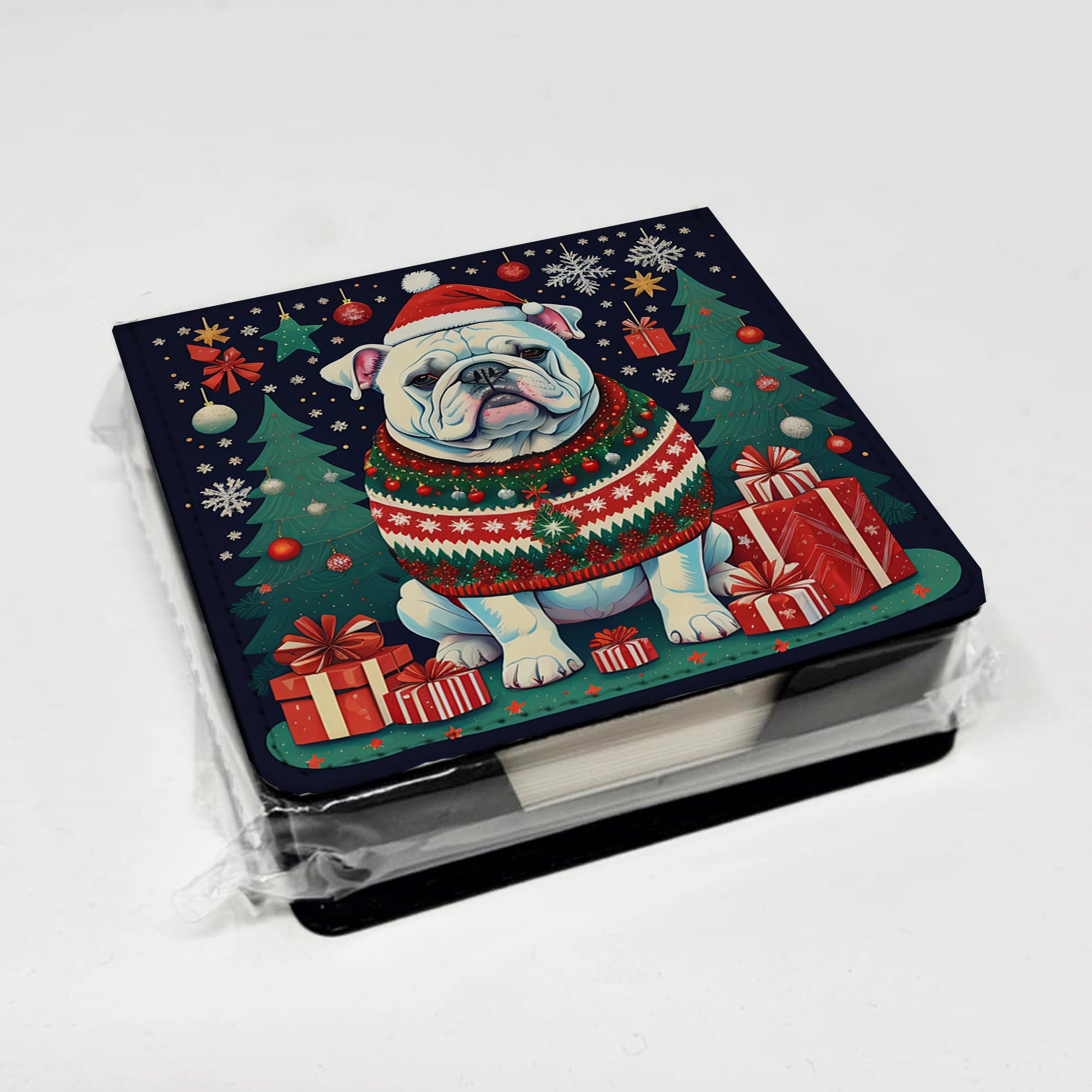 White English Bulldog Christmas PU Leather Note Paper Holder with Artist-Designed Cover, Desk Accessory, Office Gift