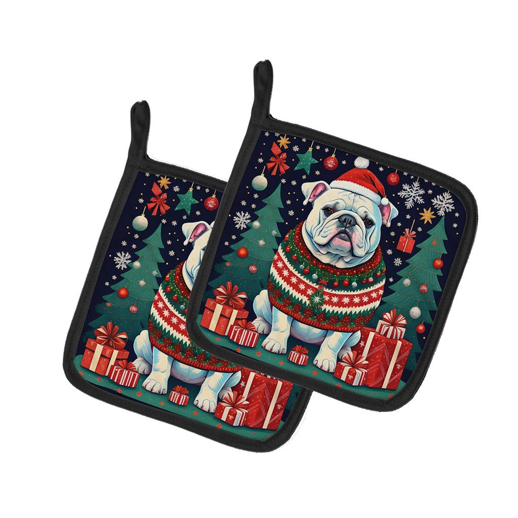 White English Bulldog Christmas Pot Holder Set of 2 Heat Resistant Quilted Hot Pads 7.5 x 7.5 Inch, Insulated Kitchen Trivets for Cooking & Baking