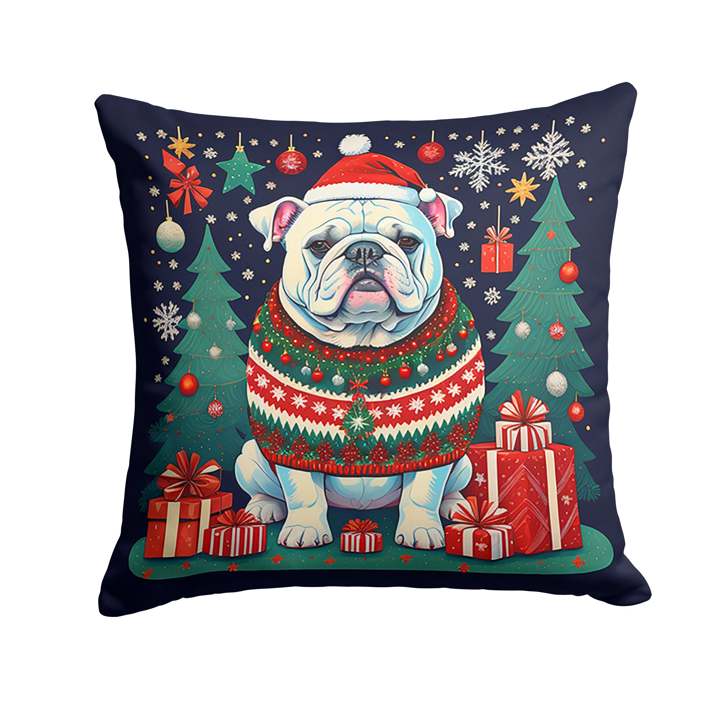 White English Bulldog Christmas Decorative Throw Pillow 18x18 Indoor Outdoor Accent Cushion, Fabric Cover with Insert for Sofa, Bed, Porch & Living Room