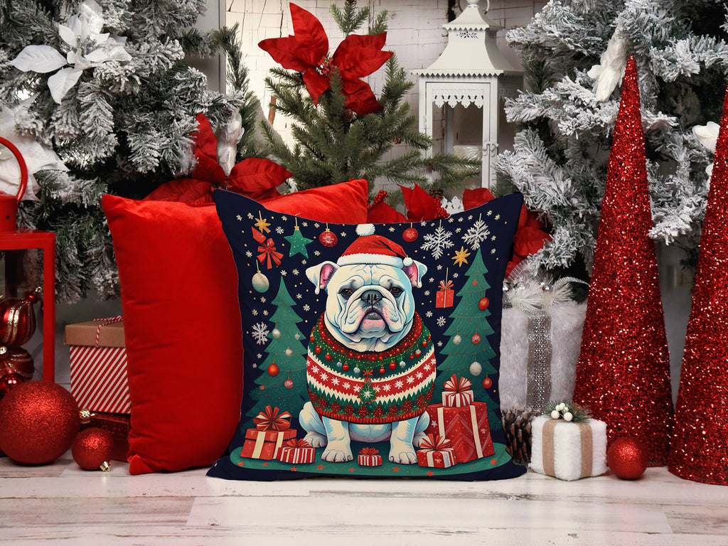 White English Bulldog Christmas Decorative Throw Pillow 18x18 Indoor Outdoor Accent Cushion, Fabric Cover with Insert for Sofa, Bed, Porch & Living Room