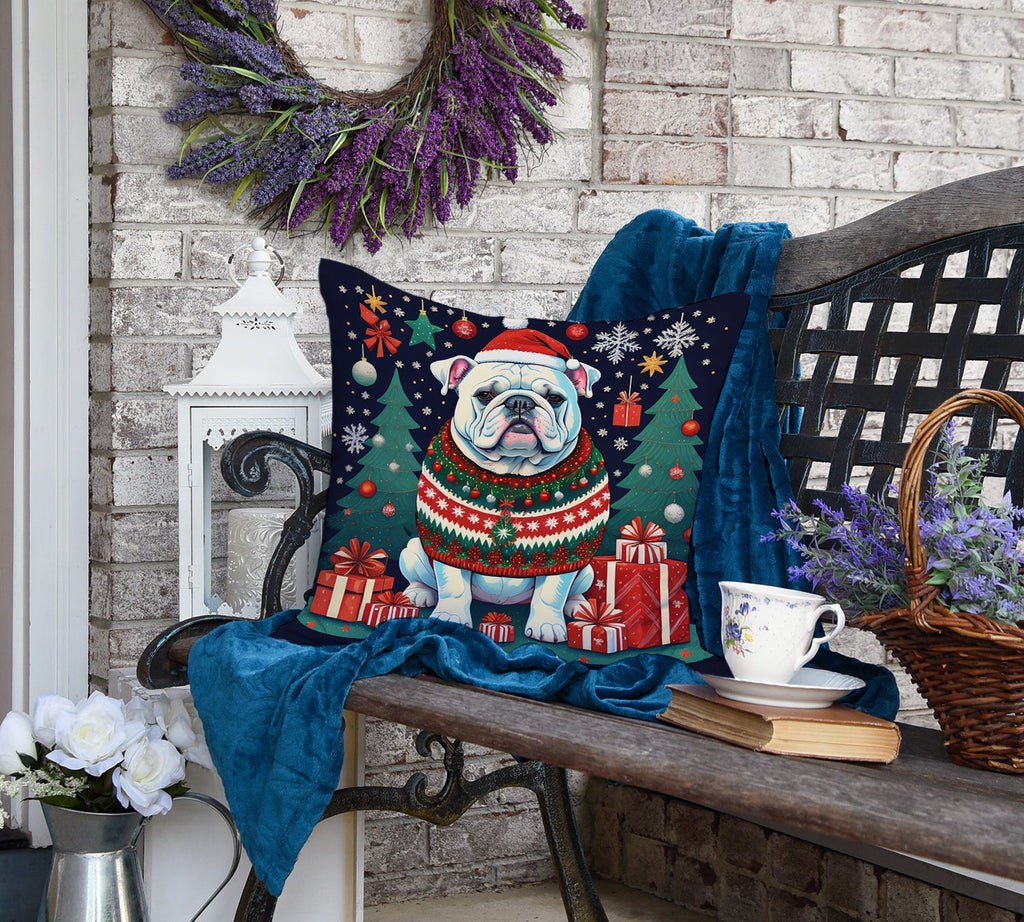 White English Bulldog Christmas Decorative Throw Pillow 18x18 Indoor Outdoor Accent Cushion, Fabric Cover with Insert for Sofa, Bed, Porch & Living Room