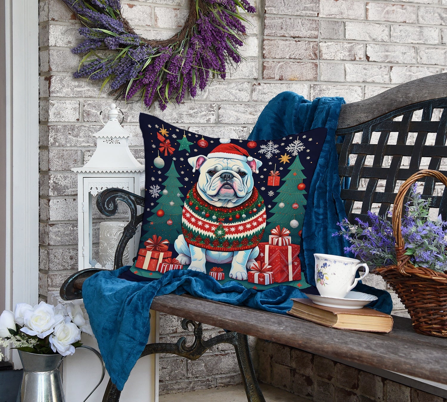 White English Bulldog Christmas Decorative Throw Pillow 18x18 Indoor Outdoor Accent Cushion, Fabric Cover with Insert for Sofa, Bed, Porch & Living Room