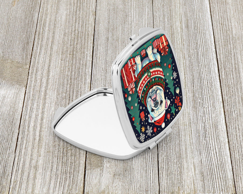 White English Bulldog Christmas Compact Mirror Decorative Travel Makeup Mirror for Women Girls Gifts Pocket Makeup Mirror Folding Handheld