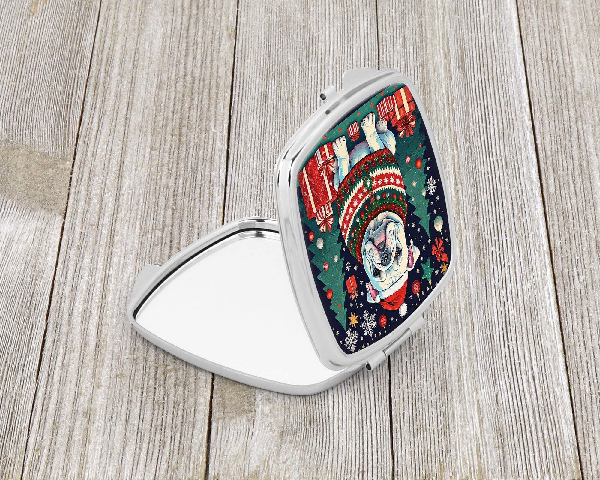 White English Bulldog Christmas Compact Mirror Decorative Travel Makeup Mirror for Women Girls Gifts Pocket Makeup Mirror Folding Handheld