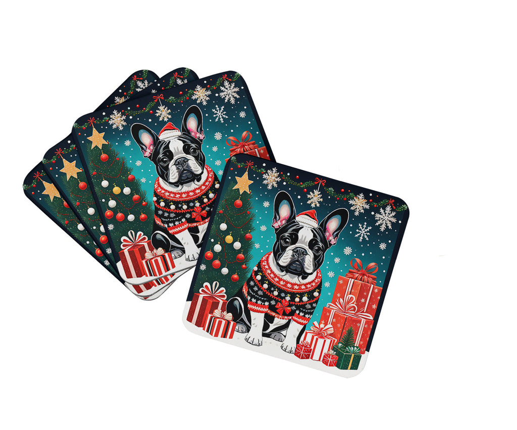 French Bulldog Christmas Foam Coasters Set of 4 Cup Coasters for Indoor Outdoor, Tabletop Protection, Anti Slip, Mouse pad Material