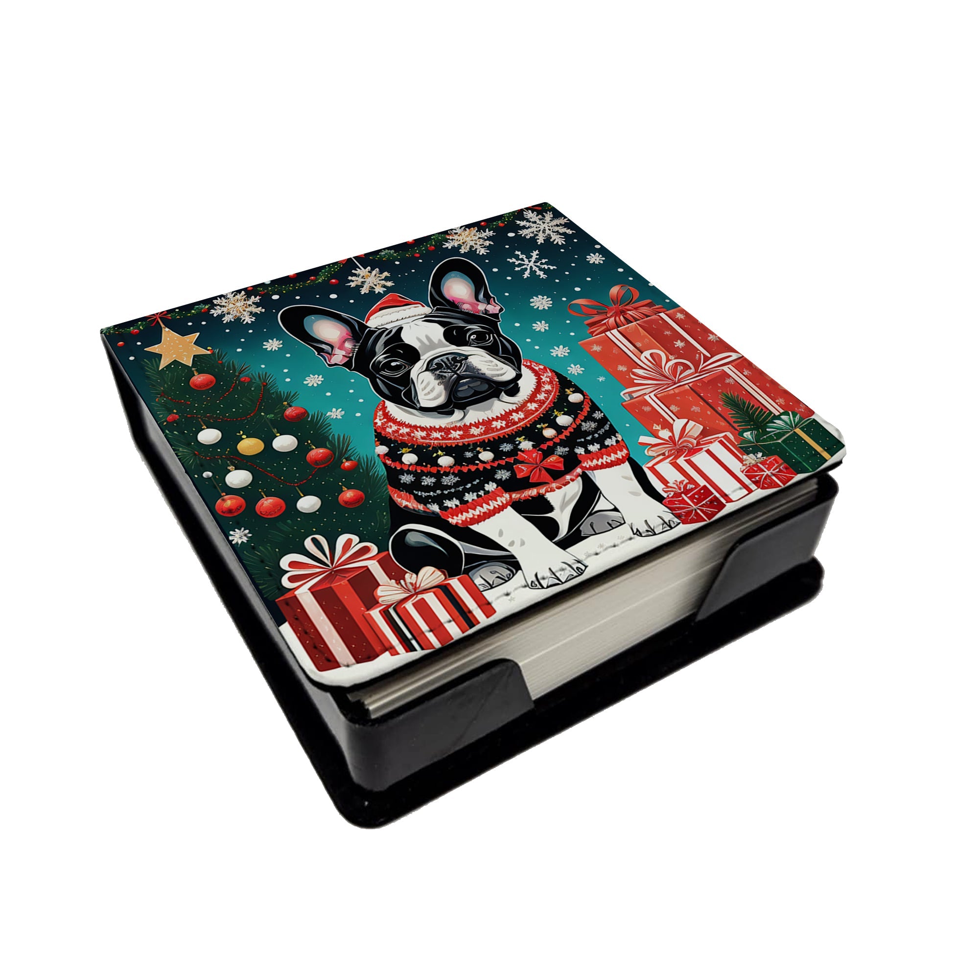 French Bulldog Christmas PU Leather Note Paper Holder with Artist-Designed Cover, Desk Accessory, Office Gift