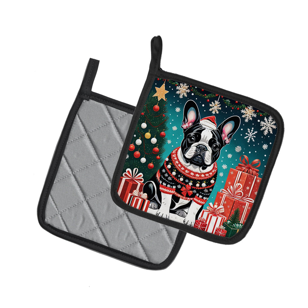 French Bulldog Christmas Pot Holder Set of 2 Heat Resistant Quilted Hot Pads 7.5 x 7.5 Inch, Insulated Kitchen Trivets for Cooking & Baking