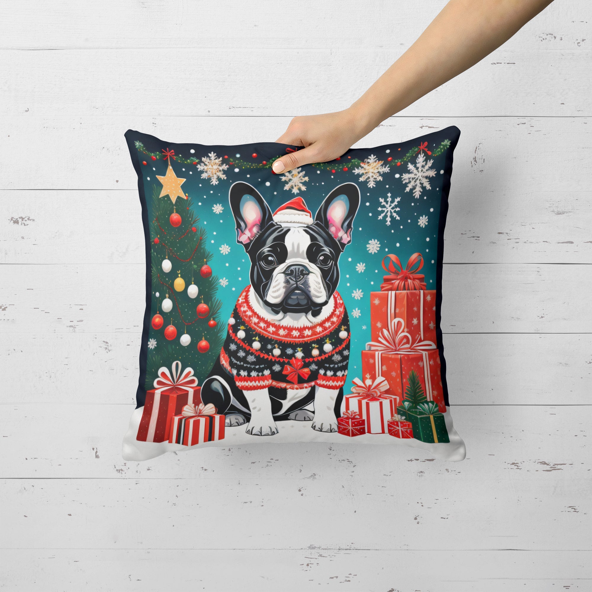 French Bulldog Christmas Decorative Throw Pillow 14x14 Indoor Outdoor Accent Cushion, Fabric Cover with Insert for Sofa, Bed, Porch & Living Room