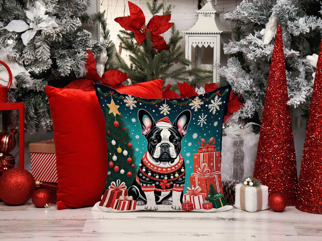 French Bulldog Christmas Decorative Throw Pillow 14x14 Indoor Outdoor Accent Cushion, Fabric Cover with Insert for Sofa, Bed, Porch & Living Room