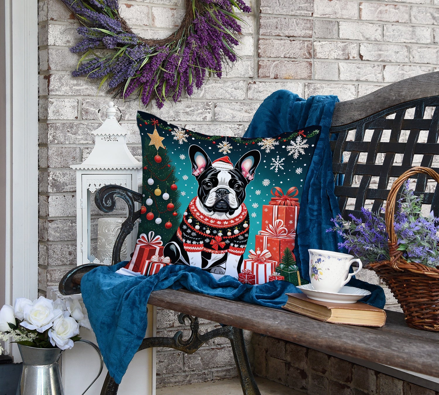 French Bulldog Christmas Decorative Throw Pillow 18x18 Indoor Outdoor Accent Cushion, Fabric Cover with Insert for Sofa, Bed, Porch & Living Room