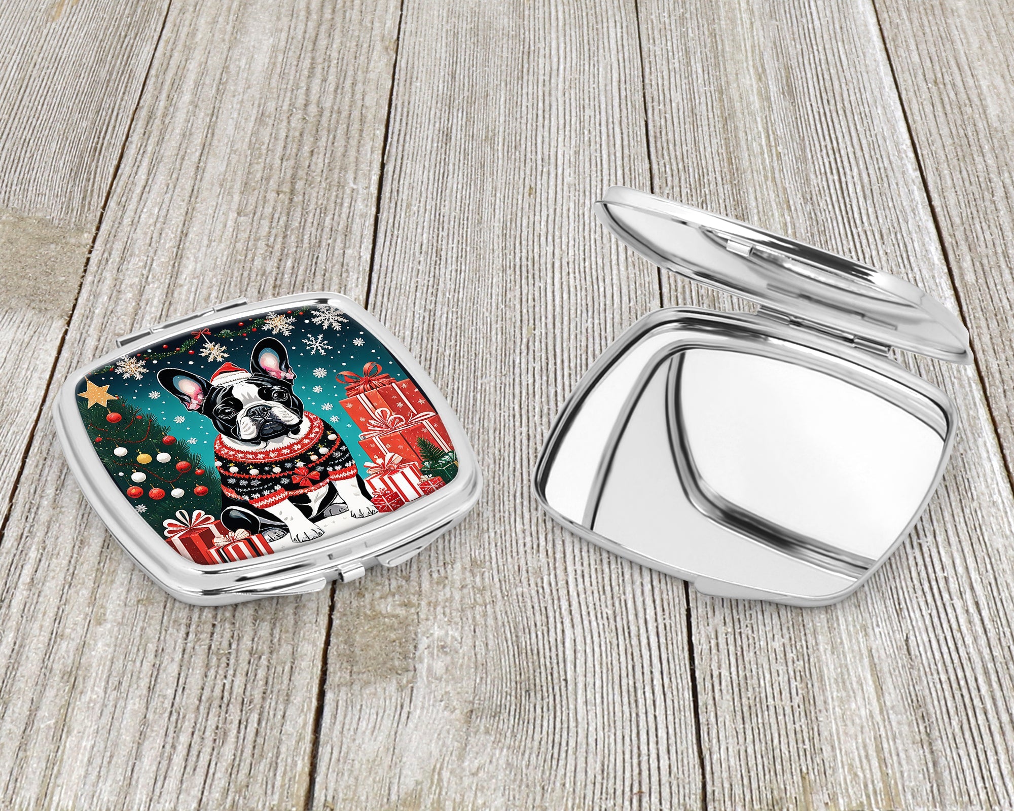 French Bulldog Christmas Compact Mirror Decorative Travel Makeup Mirror for Women Girls Gifts Pocket Makeup Mirror Folding Handheld