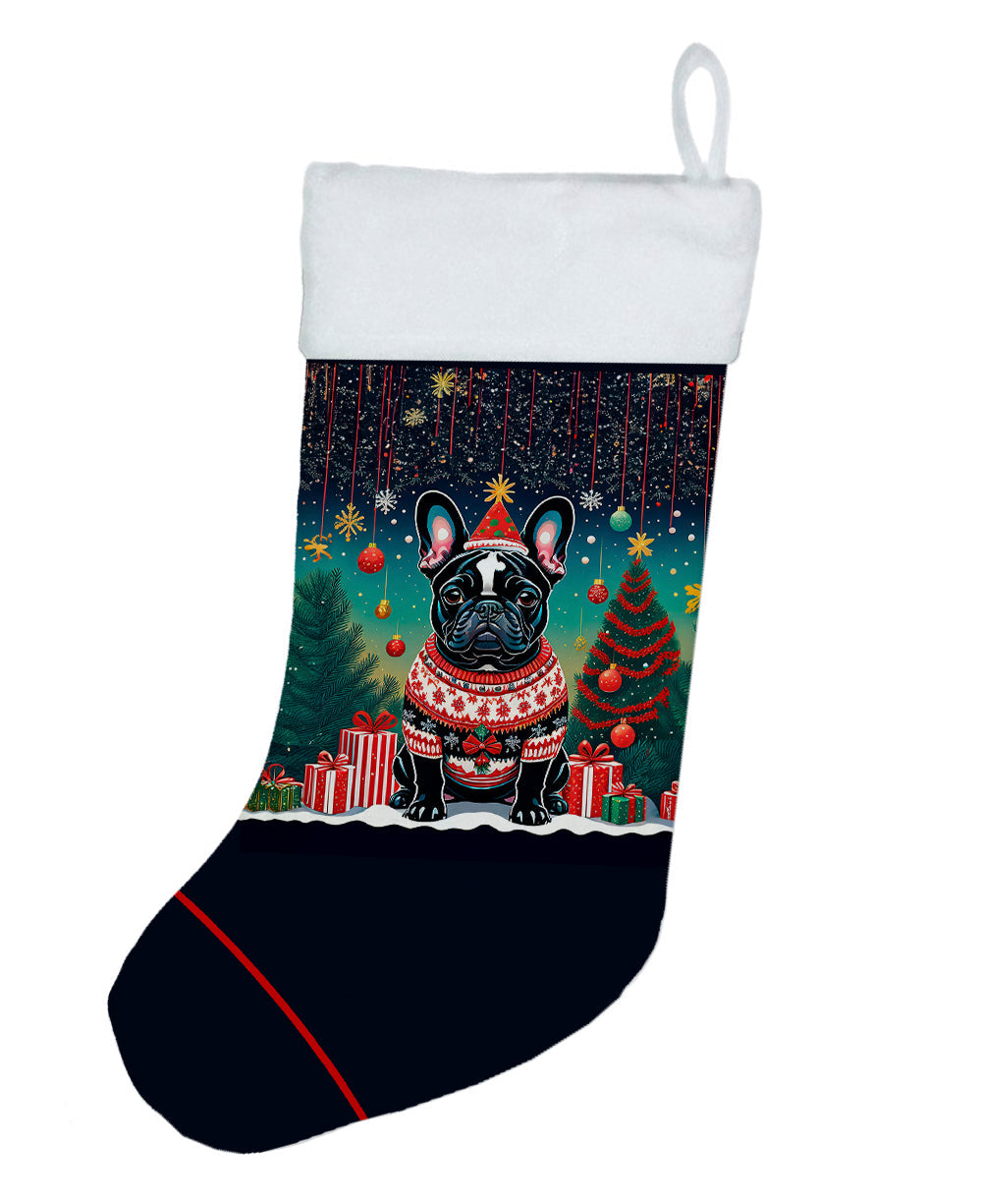 Black French Bulldog Christmas Holiday Stocking Double-Sided Print, Polyester Suede,11x18, Made in USA
