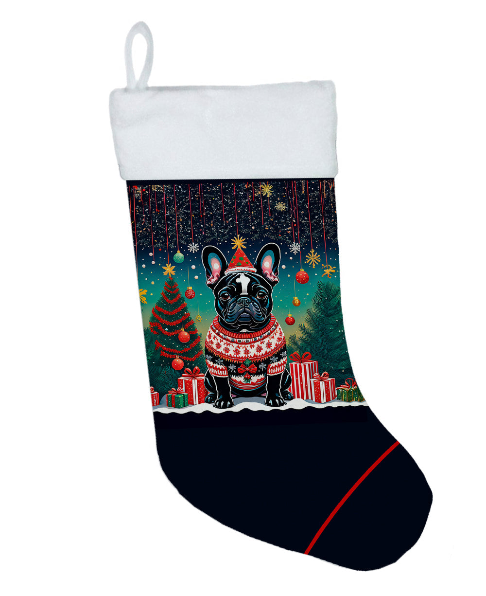 Black French Bulldog Christmas Holiday Stocking Double-Sided Print, Polyester Suede,11x18, Made in USA