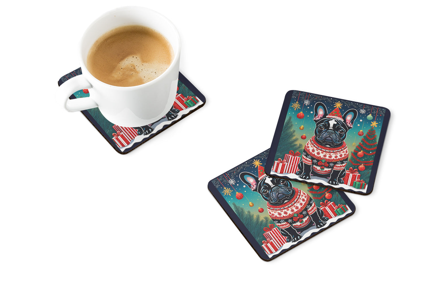 Black French Bulldog Christmas Foam Coasters Set of 4 Cup Coasters for Indoor Outdoor, Tabletop Protection, Anti Slip, Mouse pad Material