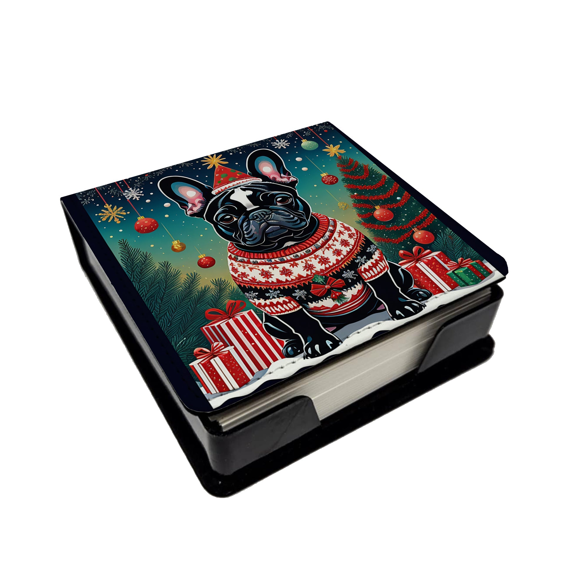 Black French Bulldog Christmas PU Leather Note Paper Holder with Artist-Designed Cover, Desk Accessory, Office Gift