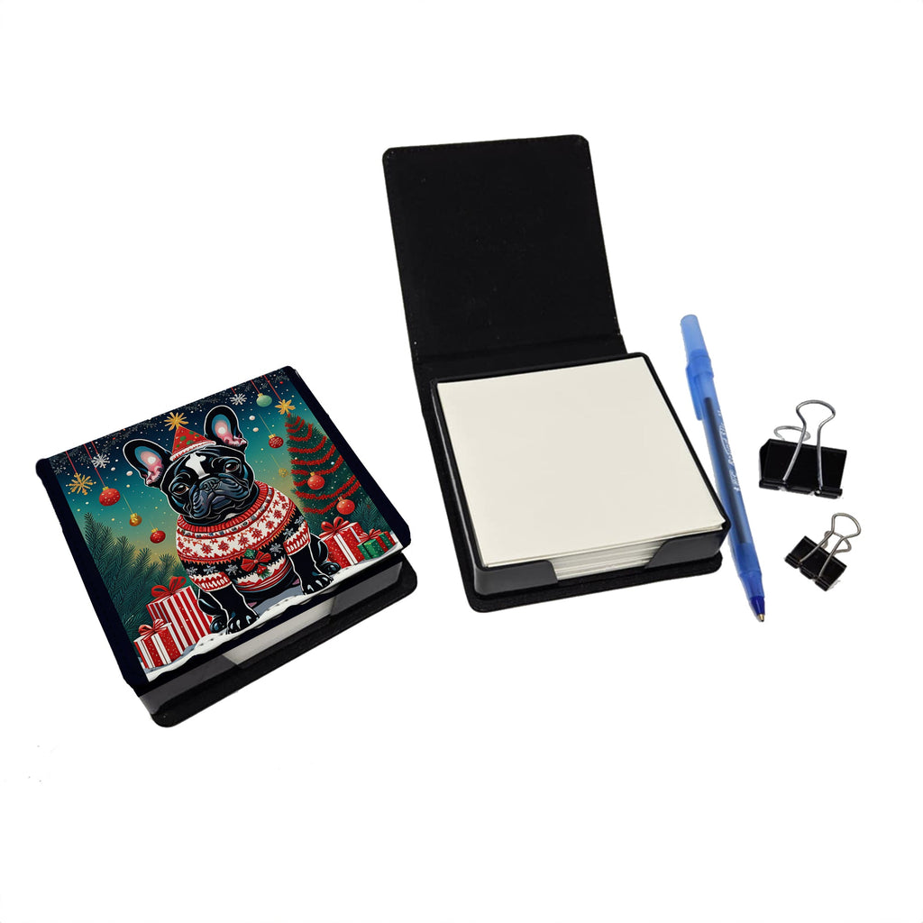 Black French Bulldog Christmas PU Leather Note Paper Holder with Artist-Designed Cover, Desk Accessory, Office Gift
