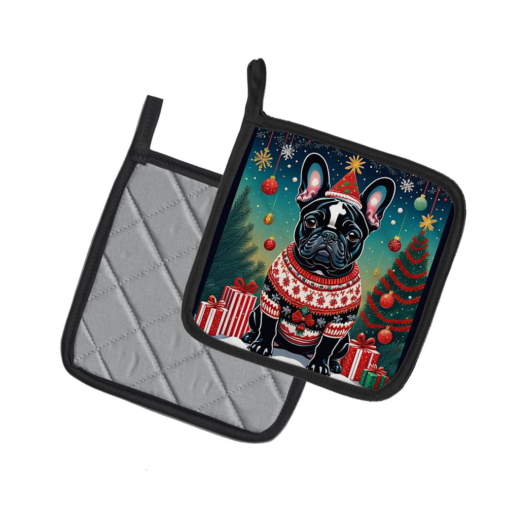 Black French Bulldog Christmas Pot Holder Set of 2 Heat Resistant Quilted Hot Pads 7.5 x 7.5 Inch, Insulated Kitchen Trivets for Cooking & Baking