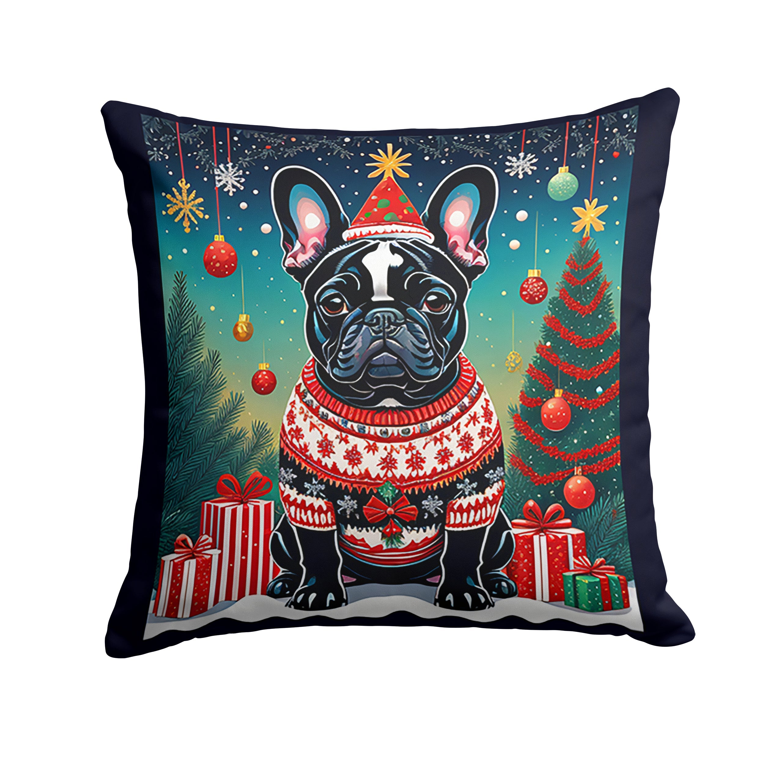 Black French Bulldog Christmas Decorative Throw Pillow 14x14 Indoor Outdoor Accent Cushion, Fabric Cover with Insert for Sofa, Bed, Porch & Living Room