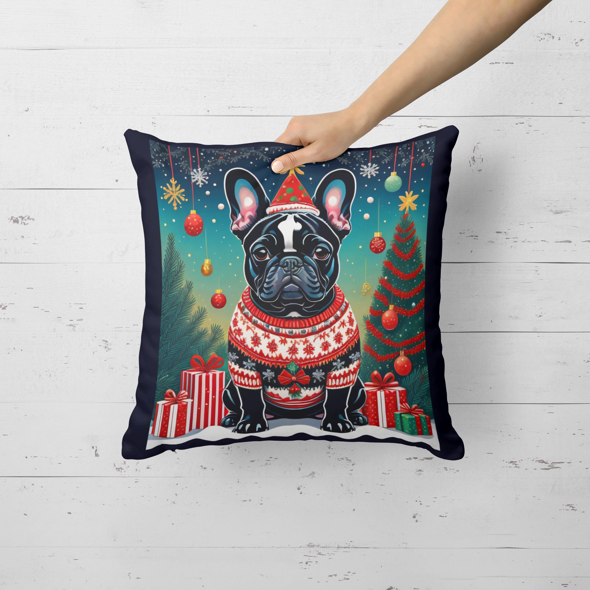 Black French Bulldog Christmas Decorative Throw Pillow 14x14 Indoor Outdoor Accent Cushion, Fabric Cover with Insert for Sofa, Bed, Porch & Living Room